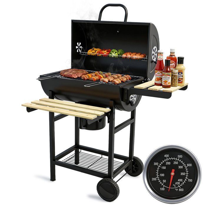SunJas Barbecue à charbon avec 2 Etagères et Thermomètre  BBQ - 100x63,5x95 cm, parfait pour jardin, terrasse et camping