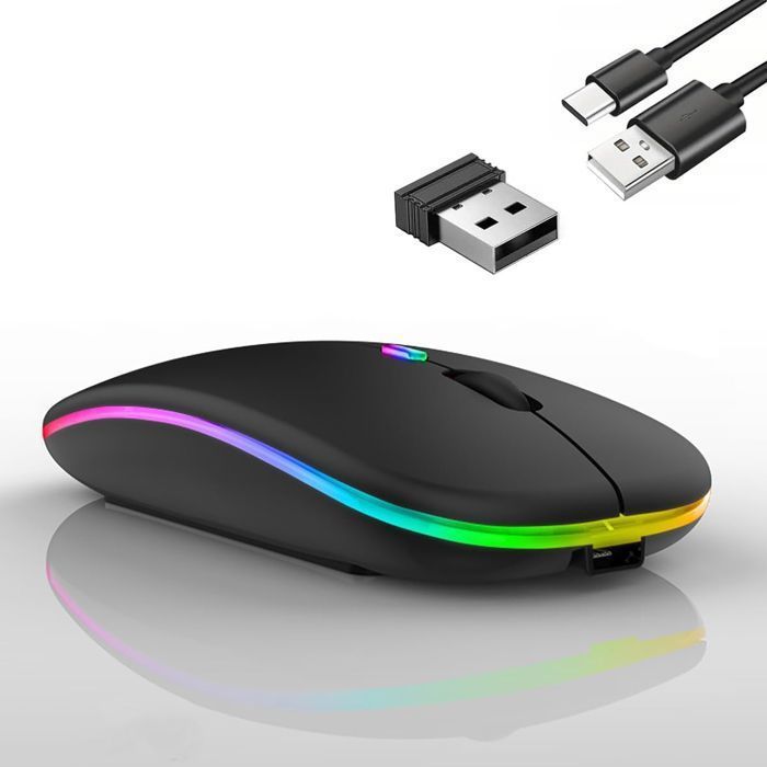 Souris sans Fil, Bluetooth - récepteur USB 2,4 GHz - Rechargeable, pour PC et Ordinateur Portable Compatible, Noir