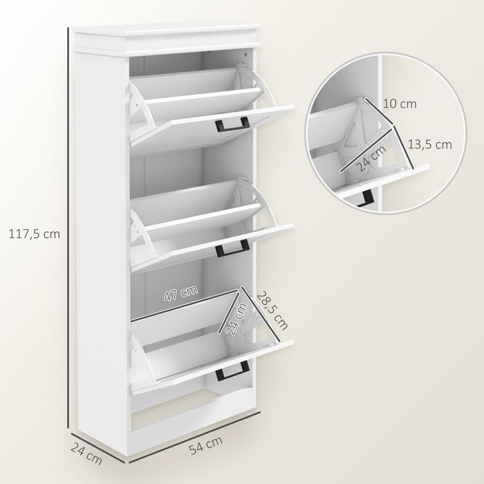 Zapatero - HOMCOM - Zapatero - 3 puertas abatibles, estantes ajustables - 54 x 24 x 117,5 cm - blanco