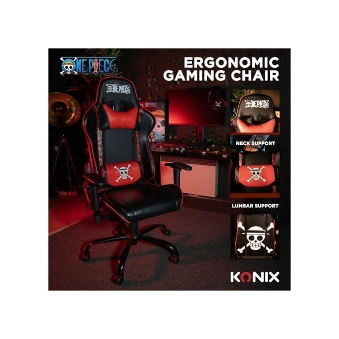 Silla de oficina para videojuegos - KONIX - Monobloque - Inclinación del asiento de 150° - Piel - Cojín lumbar y cervical ajustable - Negra