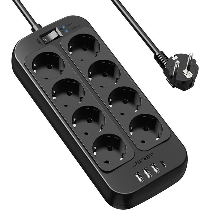 Multiprise 8 Prises avec 1 Port USB C,3 Port USB A (5V3,4A/17W) Parasurtenseur Parafoudre et Surtension avec Interrupteur Cordon 2m