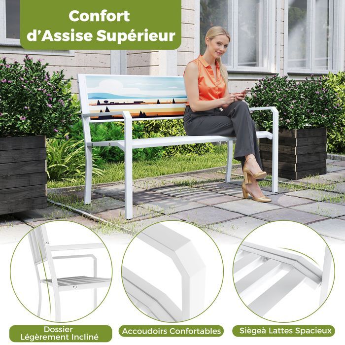 COSTWAY Banc de Jardin Extérieur 2 Places en Métal, Dossier Décoratif, Assise à Lattes, Accoudoirs, pour Patio Véranda Balcon,Blanc