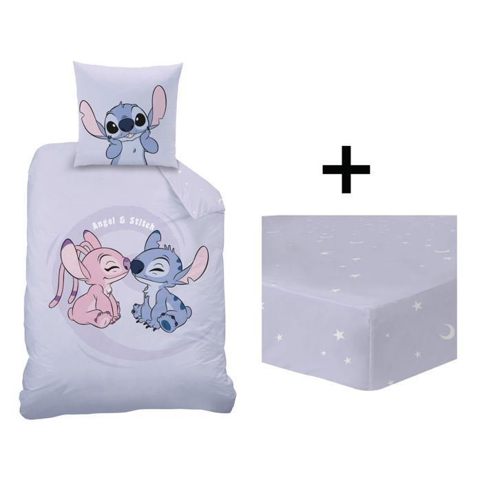 Set di biancheria da letto per bambini con lenzuolo con angoli, 100% cotone - DISNEY STITCH HAPPY - Viola - 140x200+63x63cm + 90x190cm