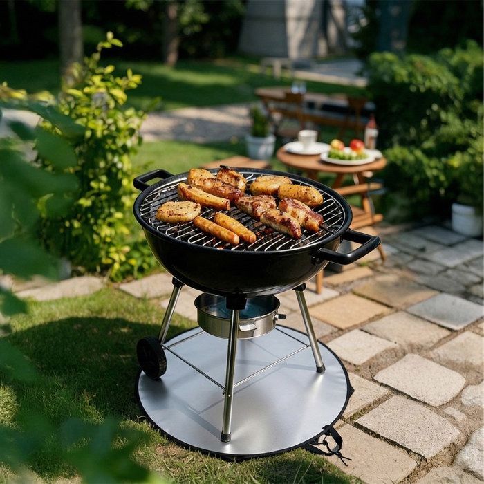 Tapete redondo à prova de fogo Relaxdays para churrasqueiras e lareiras, Ø 60 cm, proteção para o piso, 5 camadas, preto/prata