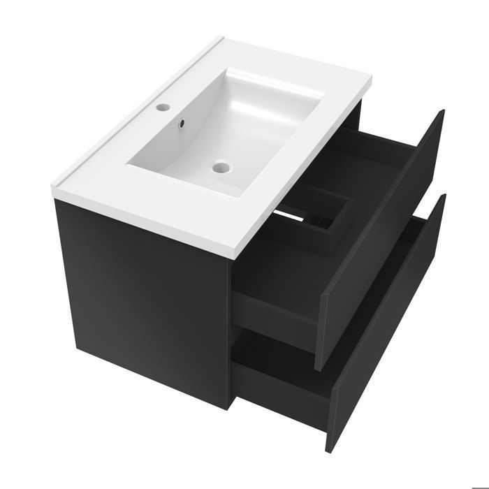 Mueble de baño AICA de 80 cm en negro brillante con 2 cajones de cierre suave y lavabo individual de cerámica.