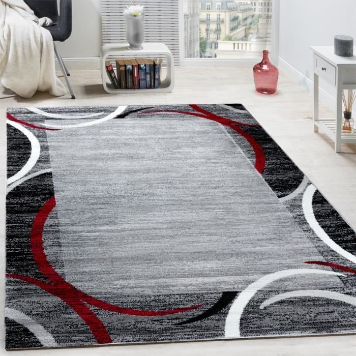 Alfombra moderna para salón Paco Home con borde, alfombra de marca moteada, gris, negro, rojo, 80x300 cm