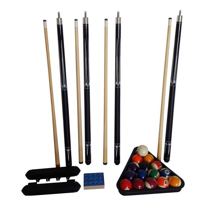 Conjunto completo de bilhar - 4 tacos, 1 conjunto de bolas, triângulo, giz + suporte de parede