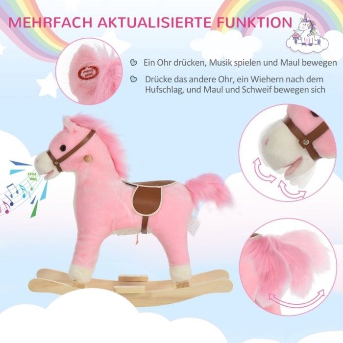 Pink Plush Rocking Horse Toy, 65x32.5x61cm - Animal Sounds - For Children 36-72 Months
