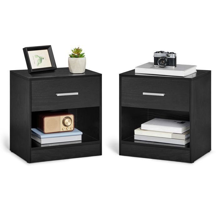 Set di 2 comodini con cassetto e scomparto a giorno, neri