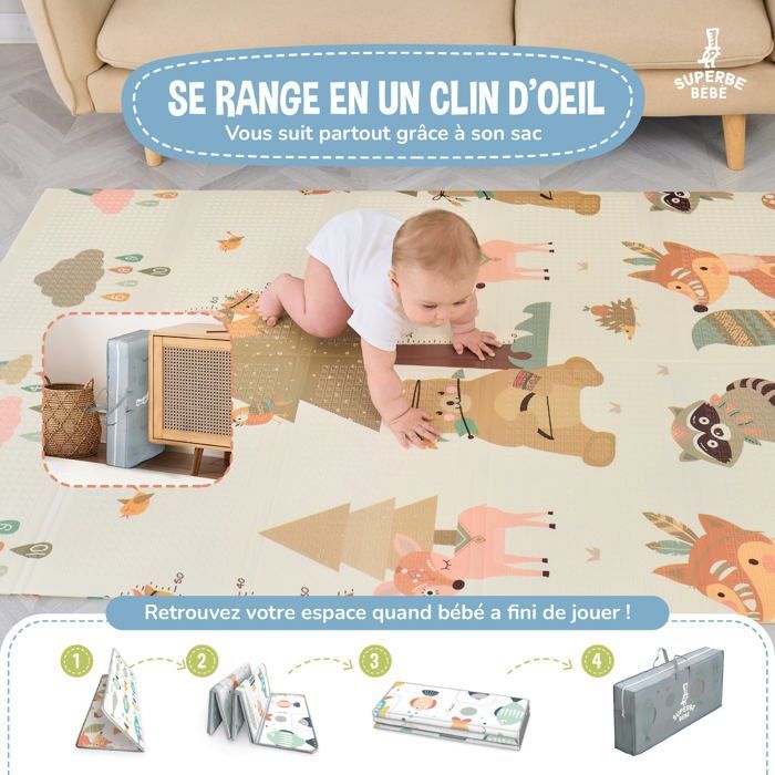 Alfombra de juegos plegable, reversible e impermeable - 180x120x1cm | Alfombra de juegos de espuma para niños - INDIANS | SUPERB BABY