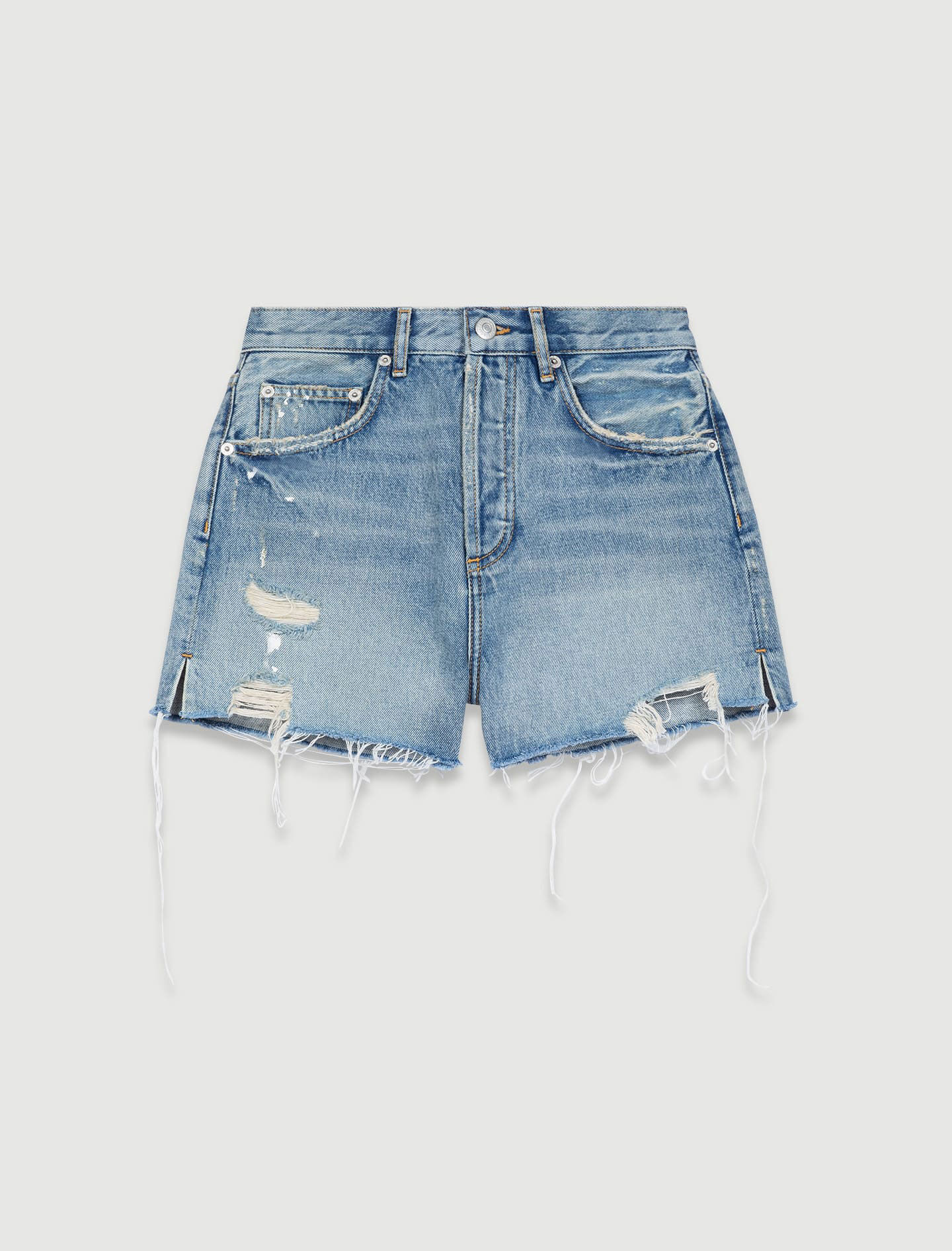 Pantaloni scurți din denim cu efect uzat - Albastru deschis