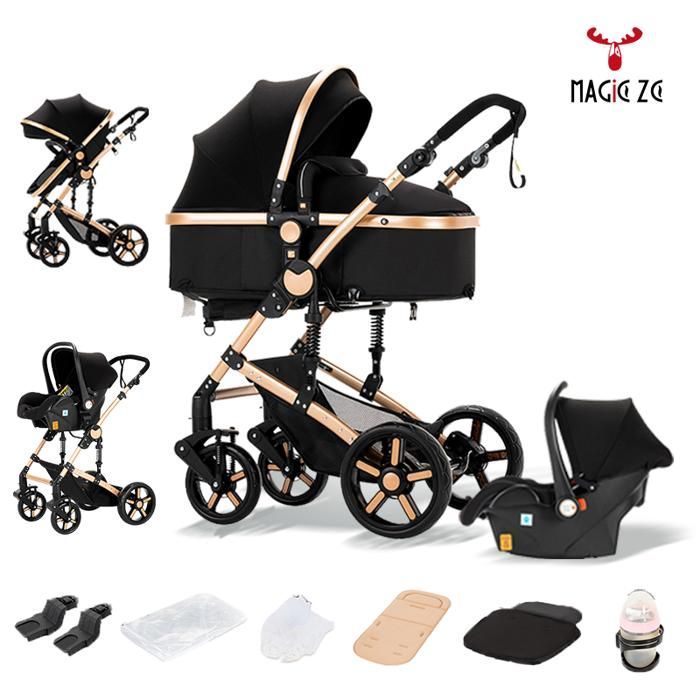 MagicZC 3-in-1 Kinderwagen für Neugeborene (0-3 Jahre), mit umbaubarer Babywanne, Autositz und verstellbarer Rückenlehne, Gold/Schwarz