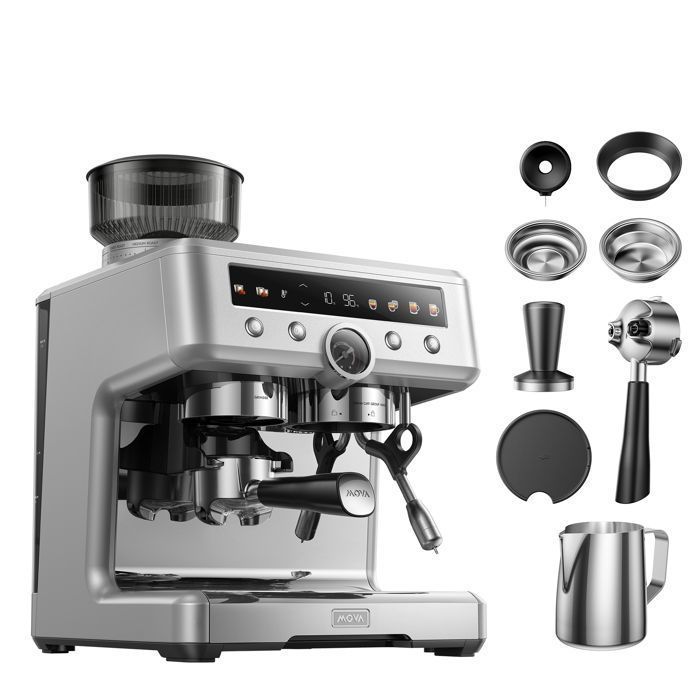 MOVA S20 Pro – Cafetera espresso con molinillo integrado, presión de 20 bares, doble caldera y espumador de leche, color plata.
