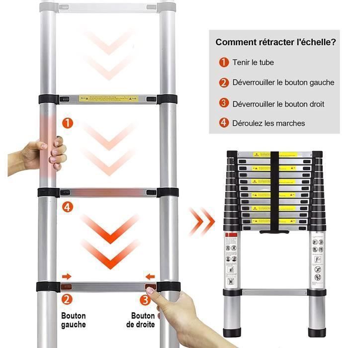 Échelle Télescopique Pliante 5M - Eloklem, Ultra-épais et léger Aluminium,Anticorrosion et Antirouille,16 Echelons,Charge max 150 kg