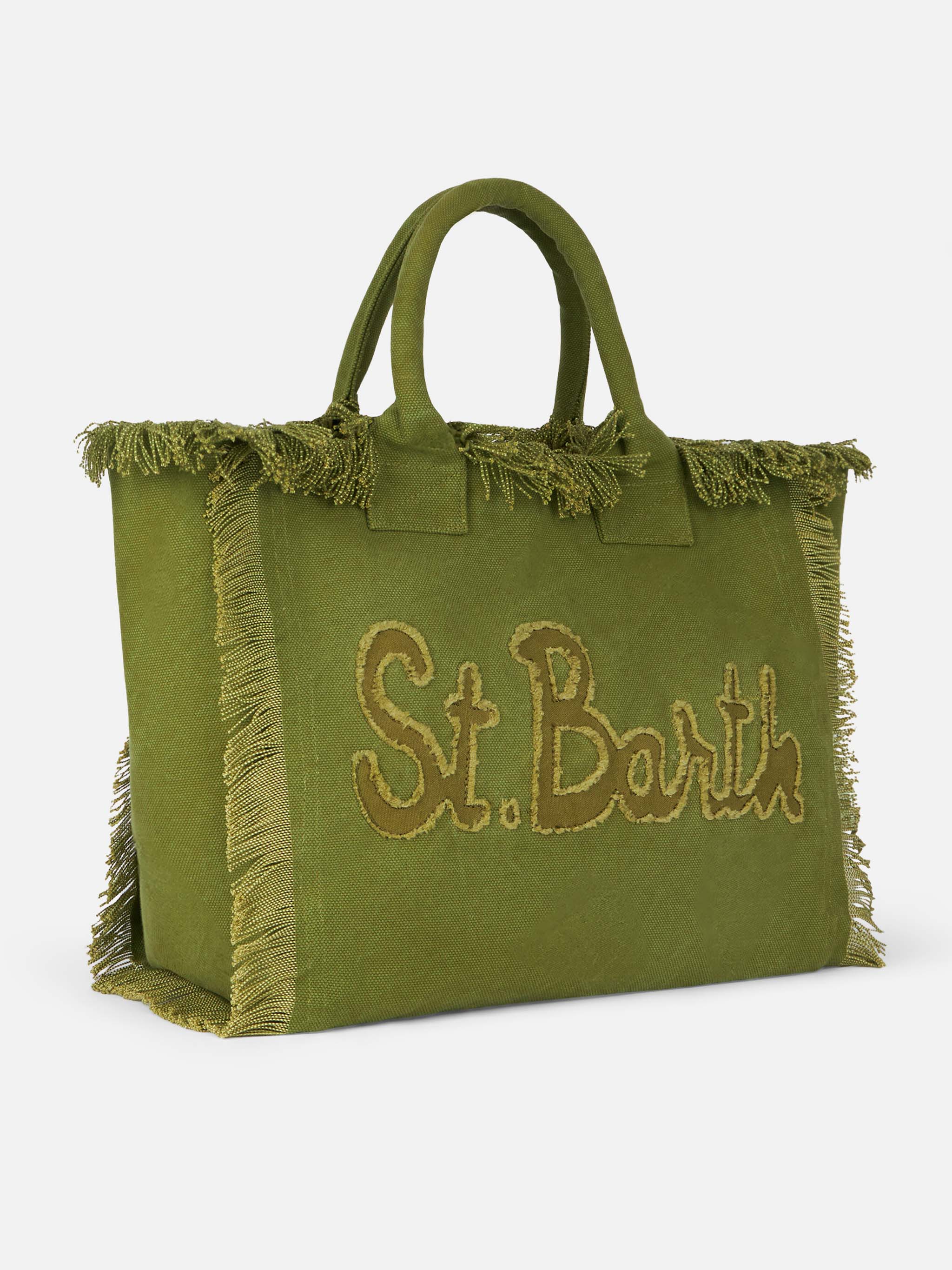 Vanity katoenen canvas draagtas met franjes | Militair groen | Saint Barth signature patch logo | Binnenvak met rits | MC2 Saint Barth