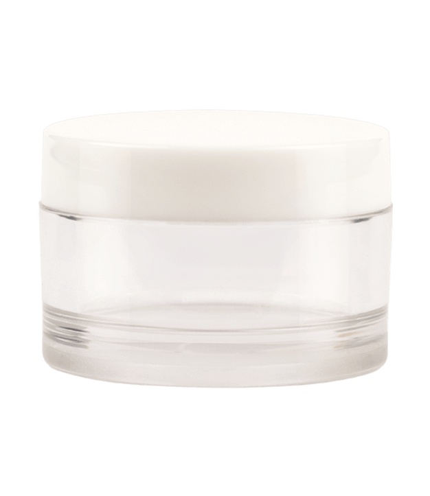 Lege, doorzichtige PET-potjes van 10 ml met witte deksel.