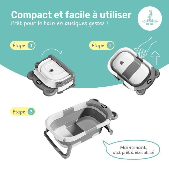 Baignoire bébé pliable - Thermomètre et coussin inclus - BEAR - Grey | SUPERBE BEBE