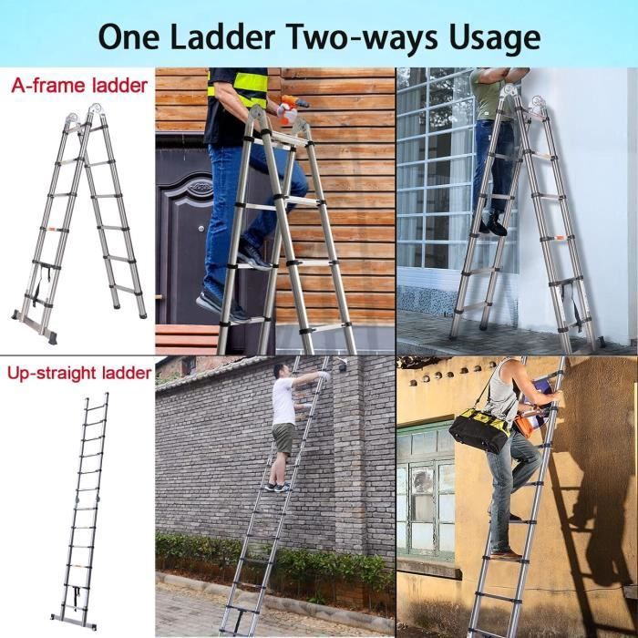 DAYPLUS Telescopic Stainless Steel Ladder, Portable Folding Ladder, Extendable Ladder 5M - 2.5M+2.5M Telescopic Ladder