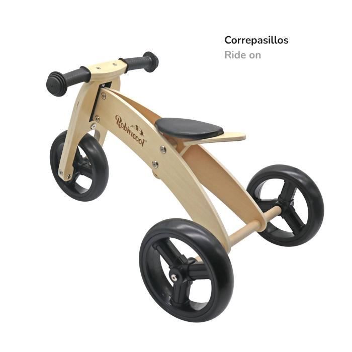 Vélo Sans Pédales Montessori Robincool Fast Wheels 63x32x36 cm Transformable en Tricycle en Bois Éco Couleur Naturel et Noir