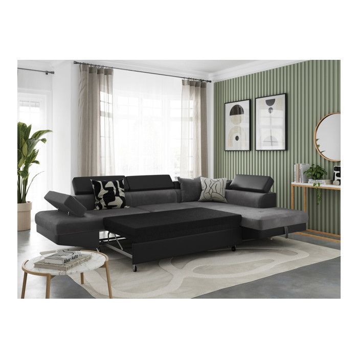 RIO 5-Sitzer Ecksofa mit Schlaffunktion (rechts) und Stauraum in Mikrofaser und Kunstleder – Grau/Schwarz – B 271 x T 192 x H 70 cm – LOUNGITUDE