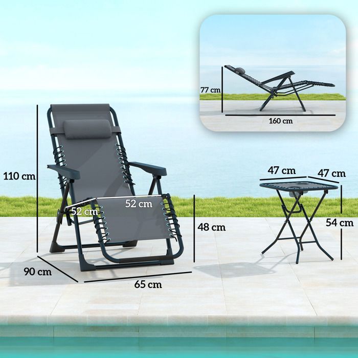 Juego de 2 tumbonas plegables y reclinables con mesa auxiliar - Outsunny - portavasos y reposacabezas - capacidad de carga de 120 kg - gris