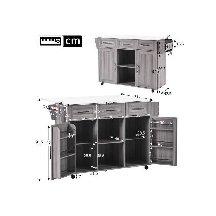 Multifunctional wooden kitchen trolley with rolling storage and worktop - with drawer - W139 x D46(71) x H91.5 cm - Grey