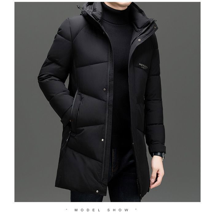 Men's Mid-Length Puffer Jacket - Black - Warm Autumn/Winter with Hood