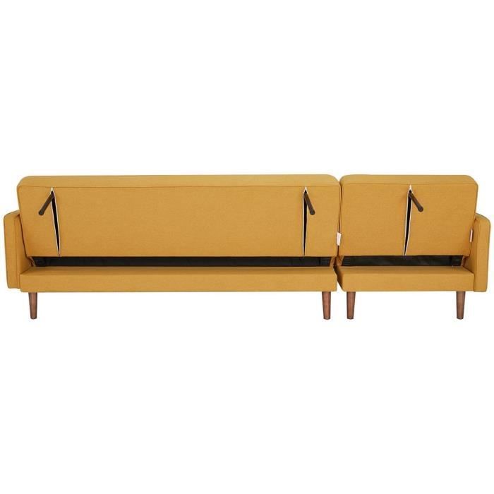 Canapé d'angle convertible 3 places réversible - Tissu jaune moutarde - Pieds en bois - L 286 x P 169 x H 80 cm - IMANIA