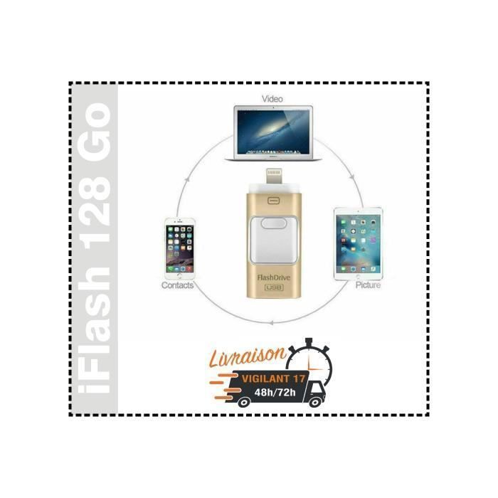 Memoria USB de 128 GB - I-flash - 3 en 1 - Compatible con iPhone/iPad/Android - USB 3.0 - Memoria flash ZISONIX