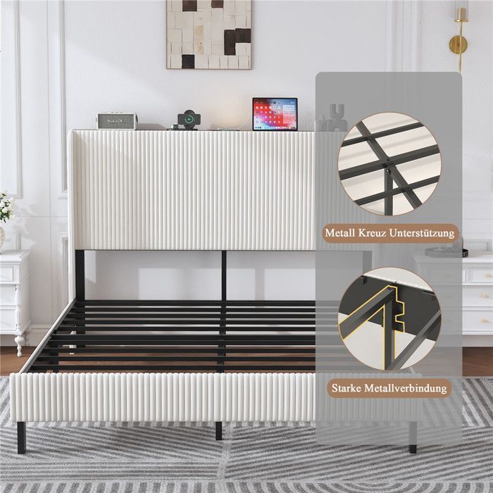 180x200 bed with LED and USB slatted base, beige velvet upholstered bed with headboard storage, king size 2 person bed with legs.