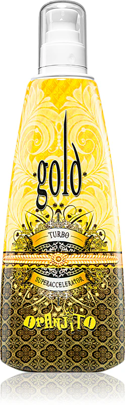 Loção bronzeadora Oranjito Max. Effect Gold Turbo para salões de bronzeamento.