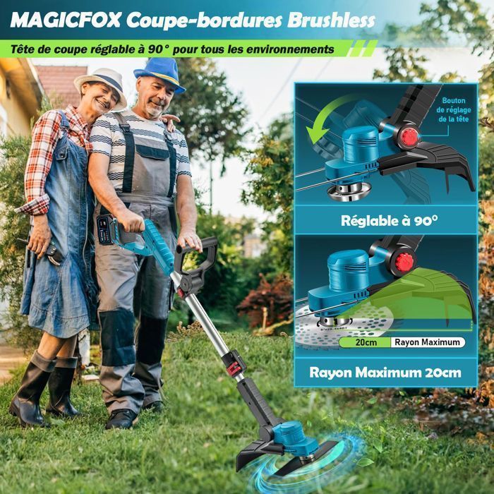 Desbrozadora eléctrica inalámbrica sin escobillas MAGICFOX de 36 V, con 2 baterías de 4,0 Ah, 3 tipos de cuchillas y cabezal.