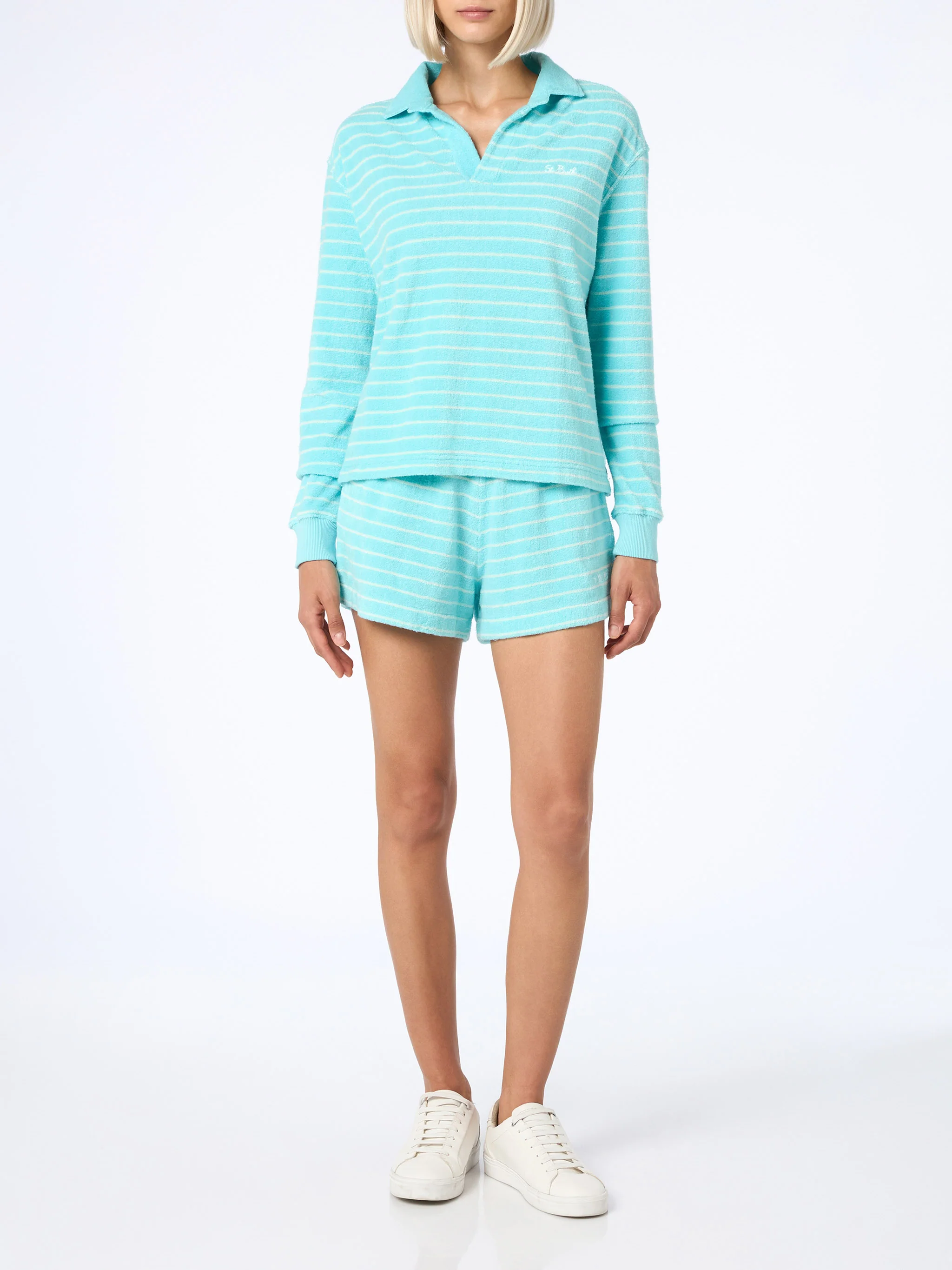 Magda lichtblauwe gestreepte badstof sweater