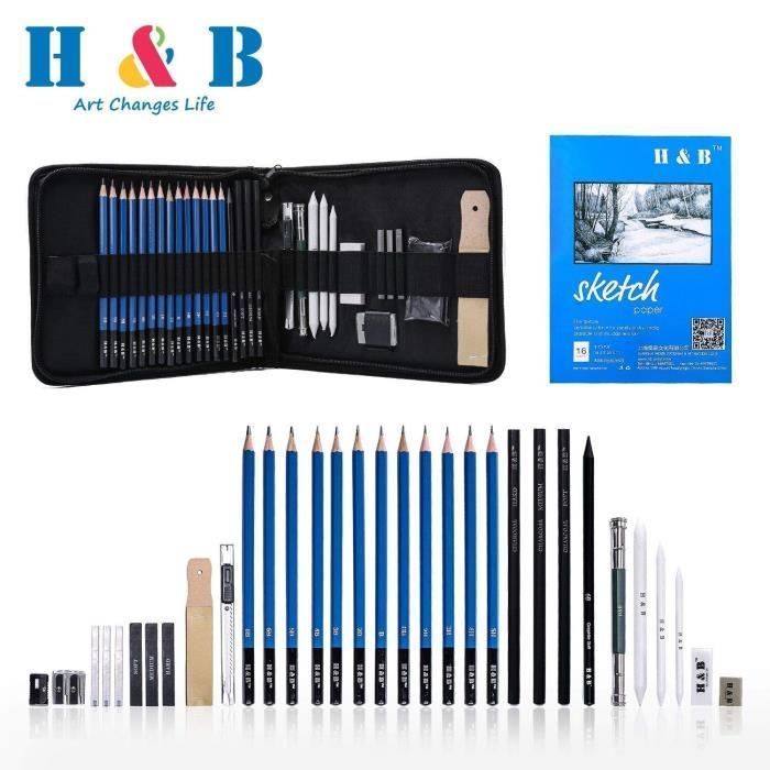 H&B Sketch Pencils Set Kit de dessin d'artistes dans un étui à fermeture à glissière avec un tampon à croquis, (33Piece )