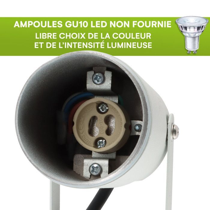 Focos de diseño para exteriores con estacas (x4) - Para bombillas LED GU10 - Resistentes al agua IP65 - Ajustables - Fijaciones discretas - Gris