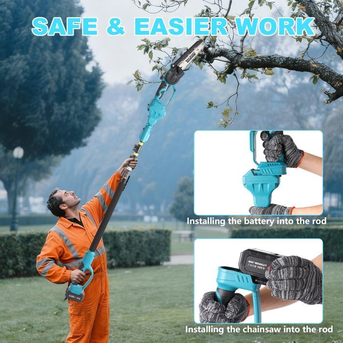 Scie Élagueuse Sans Fil 2-en-1 20V + Tronçonneuse Mini | 8 Pouces | Perche Télescopique (1,8 à 3m) Compatible Batteries Makita