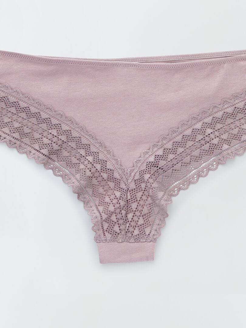 Conjunto de 3 calcinhas fio dental de renda de algodão - rosa e cinza