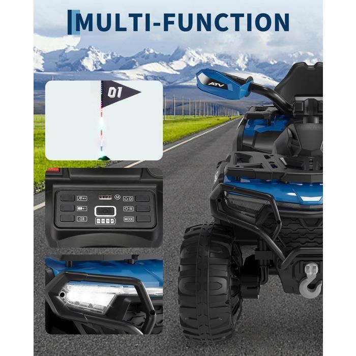 Quad de 12 V - 2 motores de 35 W, control remoto parental, luces LED, música, Bluetooth, USB, bandera luminosa, a partir de 3 años - Azul oscuro