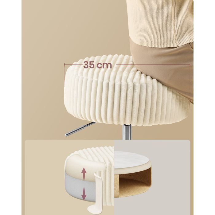 Tabouret de bar - VASAGLE - Velours côtelé - Réglable - Pivotant - Blanc crème