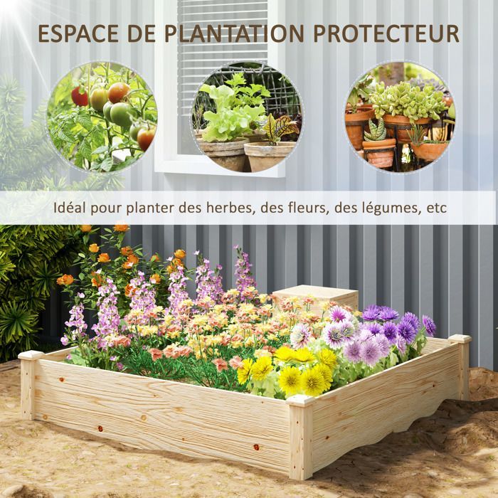 Planter - Outsunny - with compost bin - open bottom design - for vegetables and flowers - made of wood - 123 x 123 x 25.5 cm natural wood