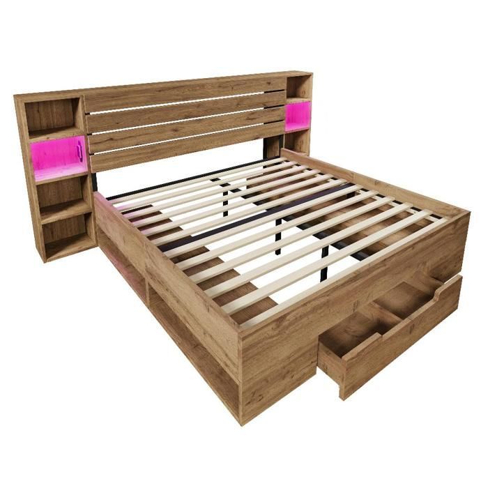 Conjunto de cama de carvalho 180x200 cm com iluminação LED, porta USB-C e gavetas de arrumação.
