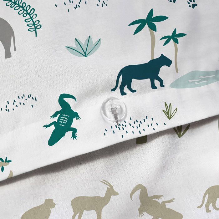 Parure de lit enfant 100% coton - MATT & ROSE - SAFARI - Blanc/kaki - 140x200+63x63cm