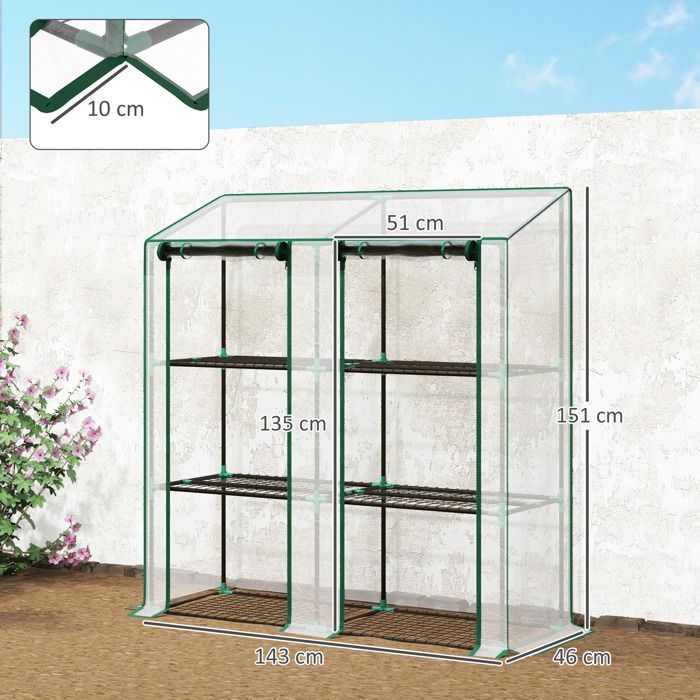 Serre de jardin - Outsunny - avec étagères 3 niveaux bâche renforcée 140 g/m² 2 portes zippées - acier - 143x46x51cm