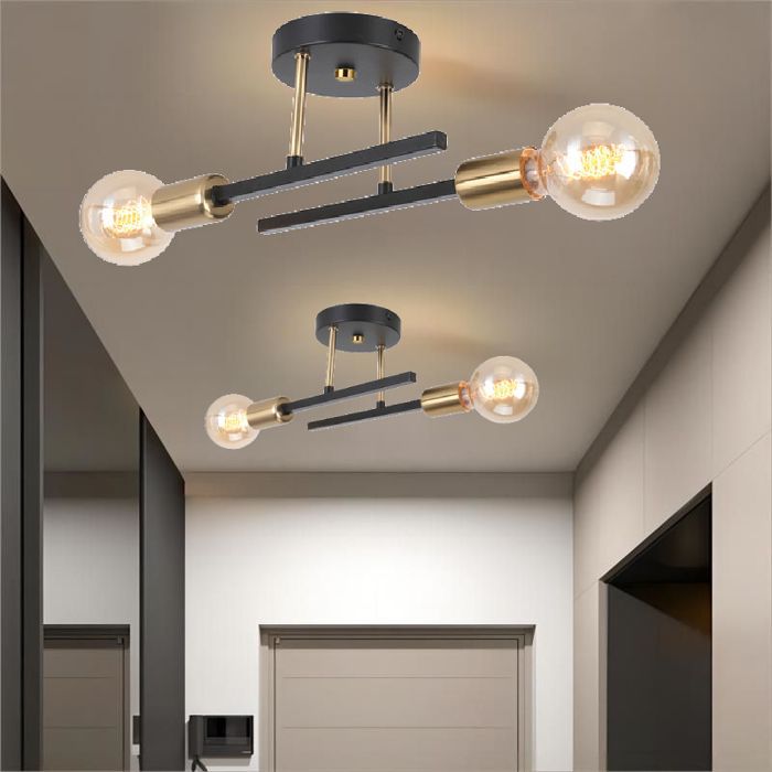 Lámpara de techo industrial retro WOTTES, 2 cabezales E27, aplique de pared escandinavo - Negro y cobre - 1 unidad para pasillo de loft
