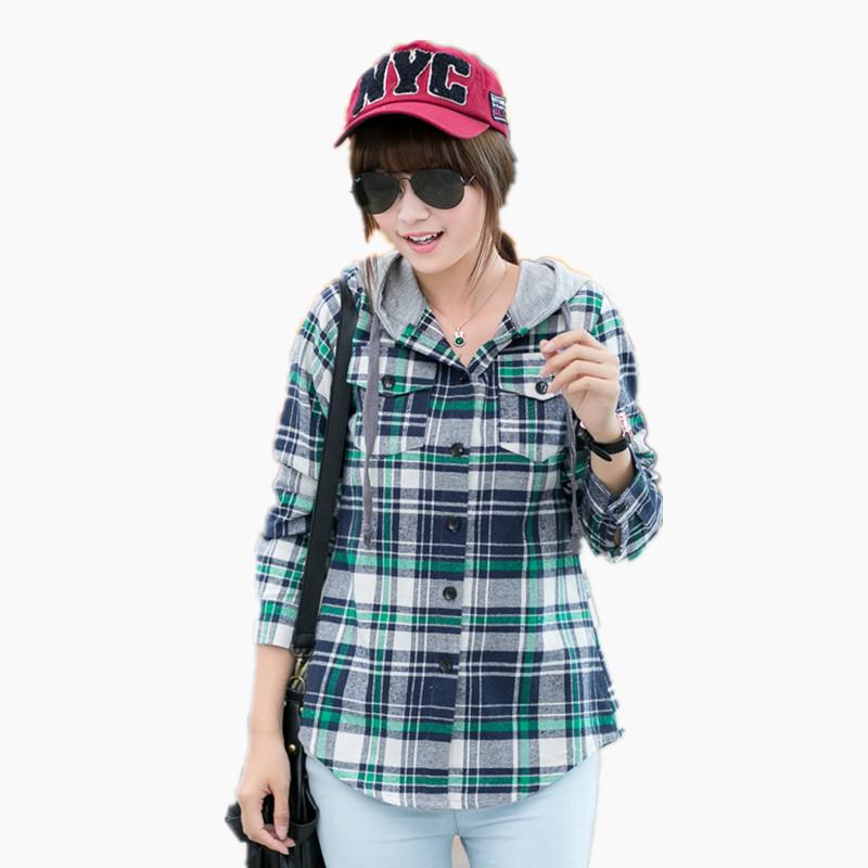 Camicia a quadri casual da donna con cappuccio, in cotone, a maniche lunghe, per ragazze, stile college, rossa, verde, grigia, con berretto, camicetta a quadri, camicia a quadri da donna