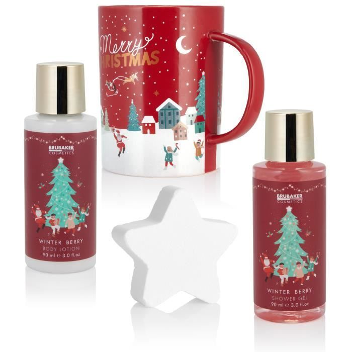BRUBAKER Cosmetics - Coffret de bain & douche - Baies d'hiver - Set de Noel - 4 Pièces - avec Mug en Céramique - Idée cadeau Femme