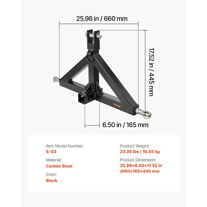 Enganche de remolque de 3 puntos VEVOR con receptor de 5 cm - Fijación rápida de 3 puntos, capacidad de 1360 kg, adaptador de enganche de remolque de alta resistencia