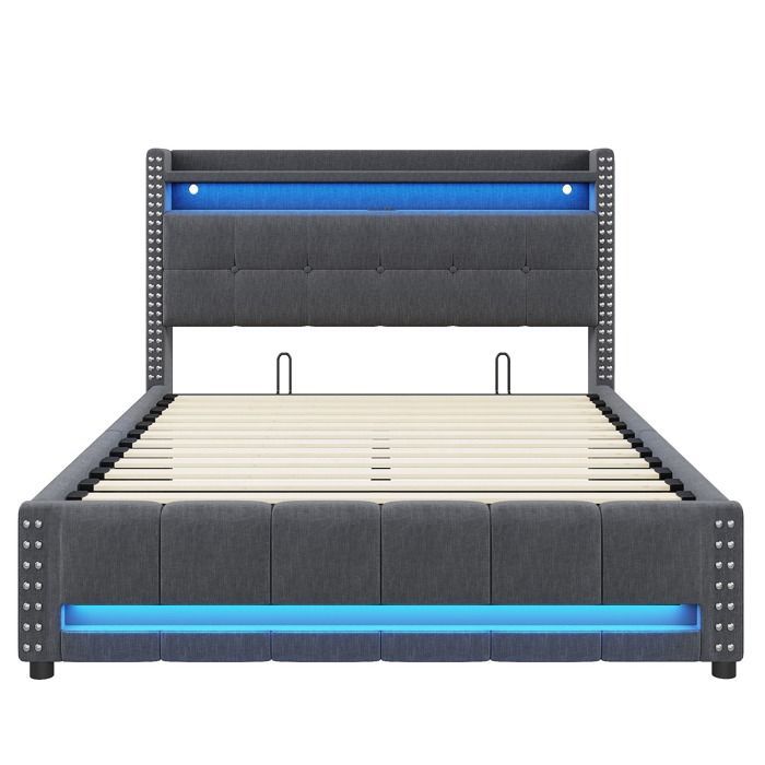 Cama tapizada, cama de adulto, cama doble de 160 x 200 cm con iluminación LED y puertos USB con almacenamiento hidráulico - gris