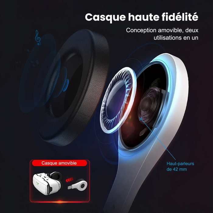 Auriculares de realidad virtual 2 en 1 con pantalla 3D gigante de 120°, audio Hi-Fi desmontable, ajuste de dioptrías de -600°, bloqueo de luz azul y cómodos controles táctiles.