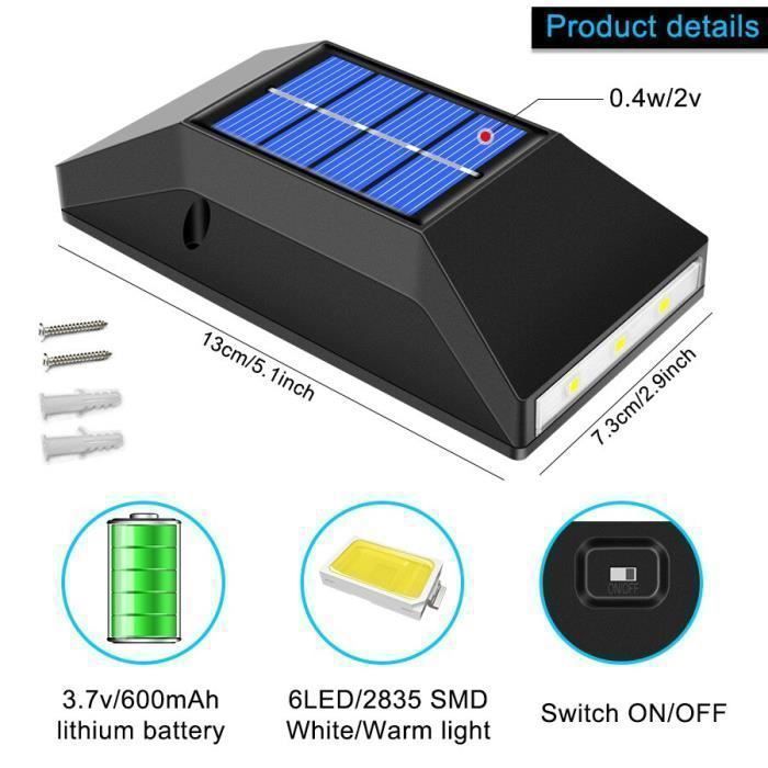 Solar Wall Light with 6 LEDs and Motion Sensor, IP65 Waterproof for Garden and Outdoor Lighting, Pack of 2